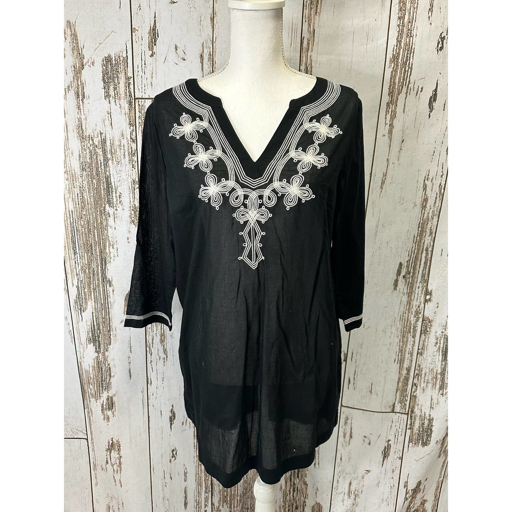 Antonio Melani Black and White Embroidered Sheer Tunic Top